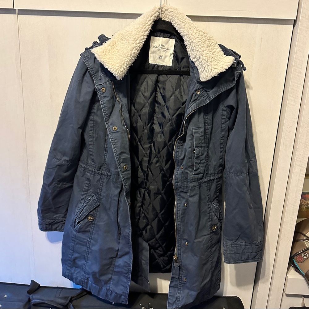 Blue jacket with removable hood